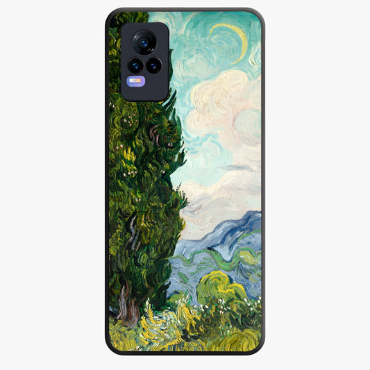 Van Gogh Vintage Art Glass Case showing flat back view with vintage painterly artwork inspired by Van Gogh style and glossy glass finish.