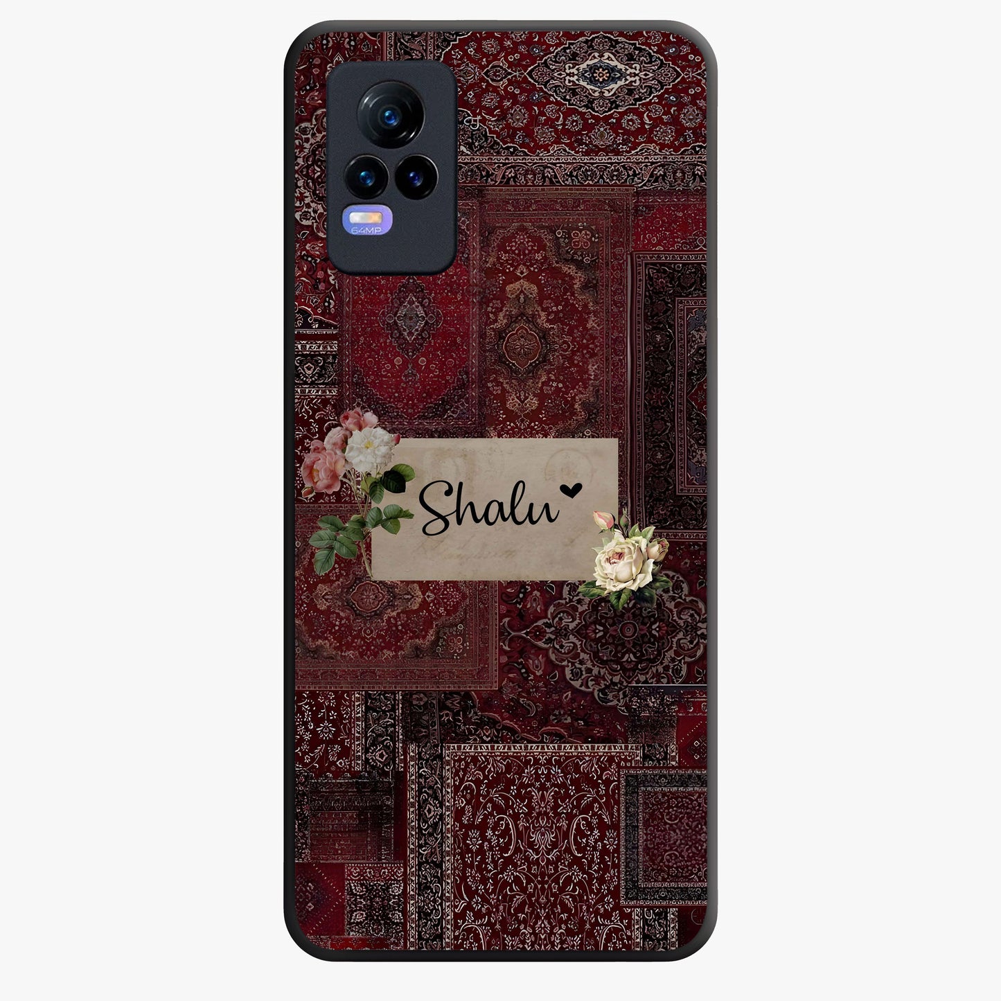 Velvet Wine Pattern Custom Name Glass Case showing flat back view with elegant wine colored pattern artwork and personalized name design.