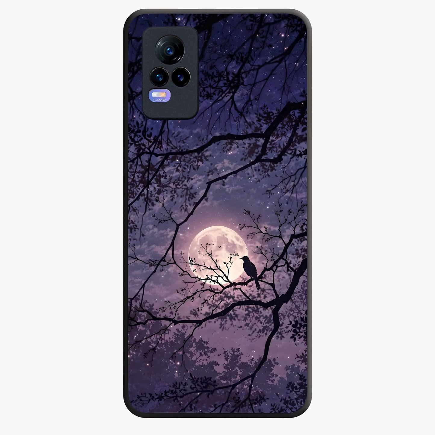 Whispering Moon Silence Glass Case showing flat back view with serene moon themed artwork and glossy glass finish.