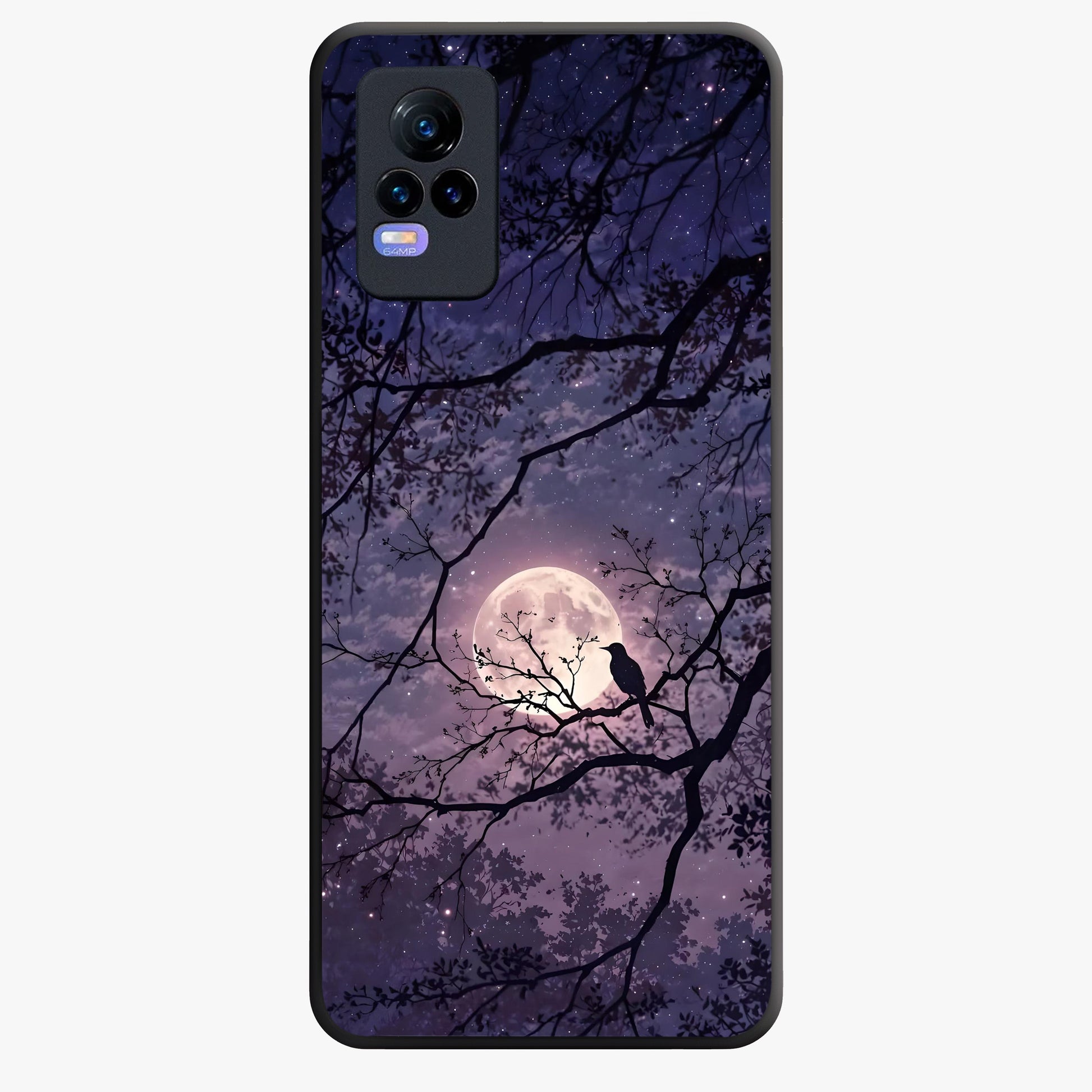 Whispering Moon Silence Glass Case showing flat back view with serene moon themed artwork and glossy glass finish.