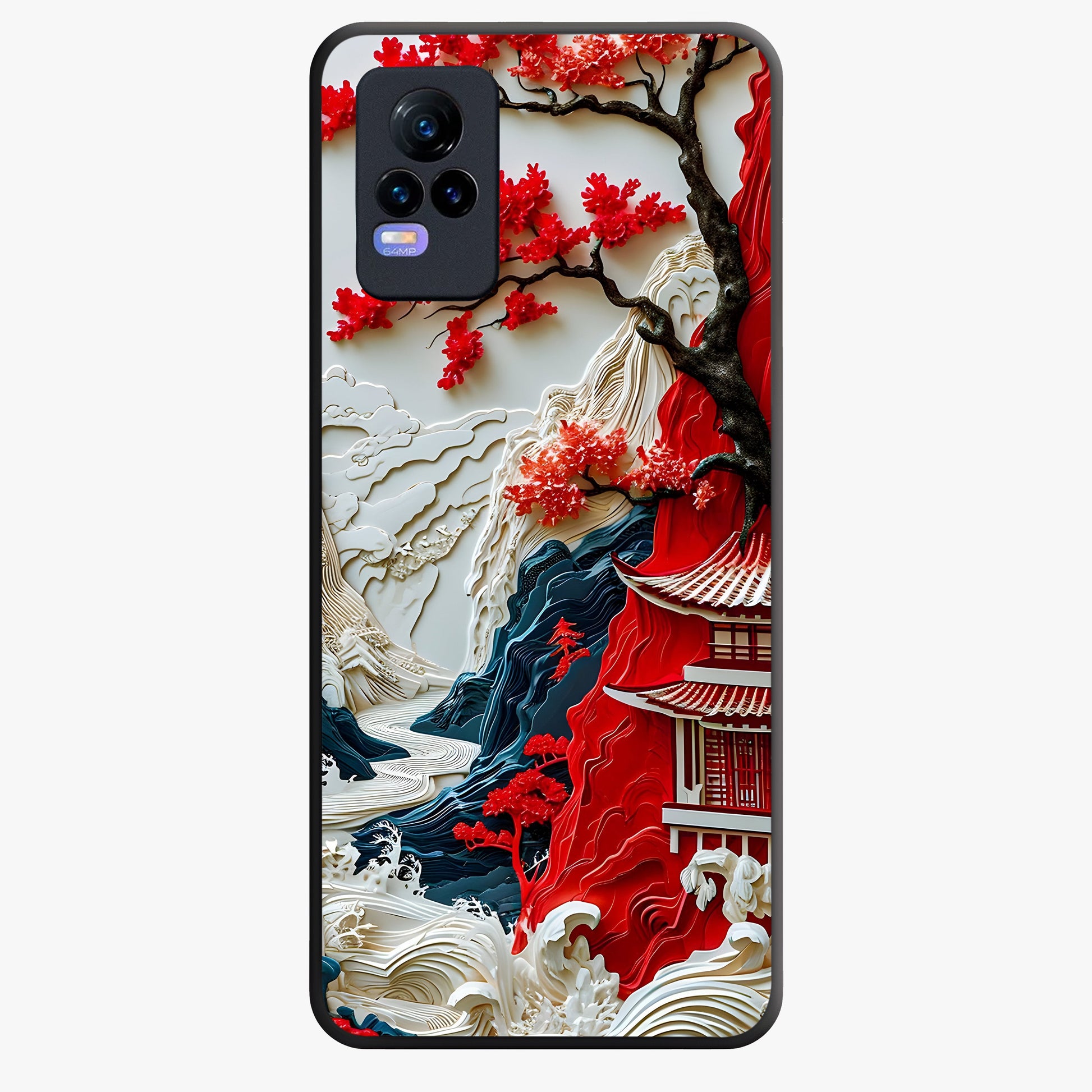 Whispers Of Sakura Waves Glass Case showing flat back view with cherry blossom wave artwork and glossy glass finish.