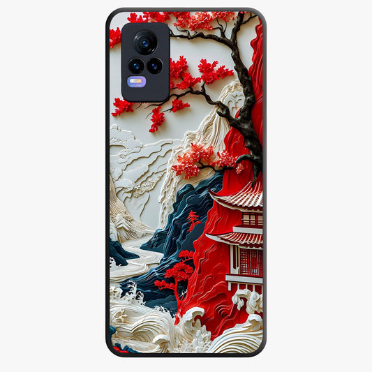 Whispers Of Sakura Waves Glass Case showing flat back view with cherry blossom wave artwork and glossy glass finish.