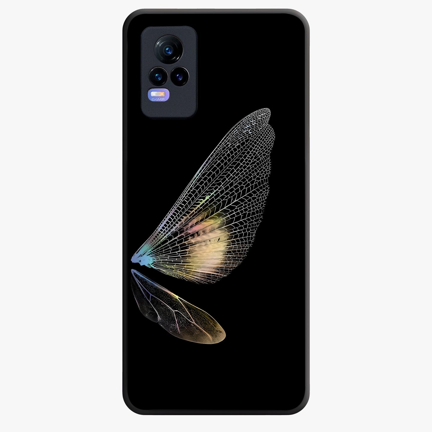 Whispers Of Wings Glass Case showing flat back view with graceful wing inspired artwork and glossy glass finish.