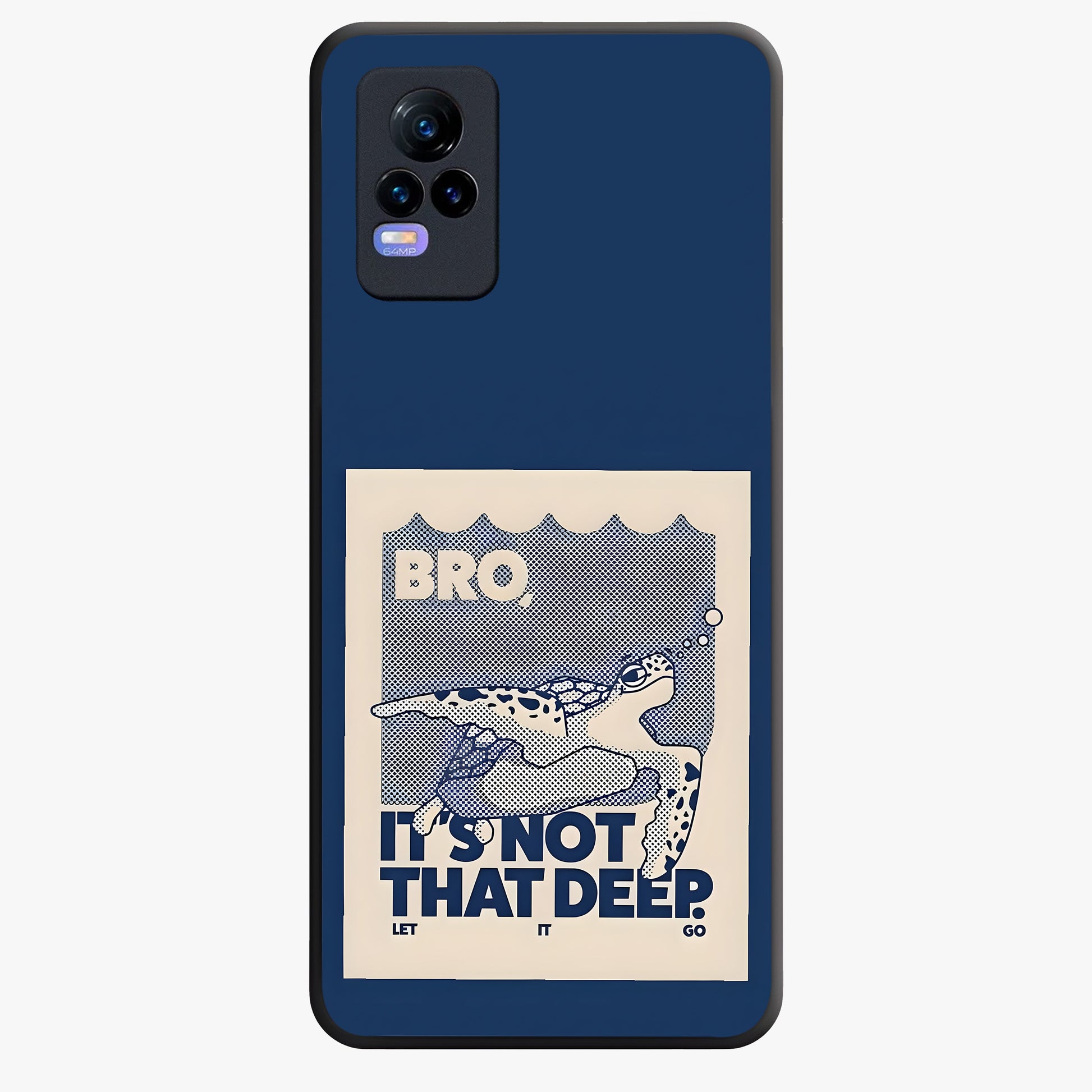Worry Less Swim Glass Case showing flat back view with playful motivational artwork and glossy glass finish.