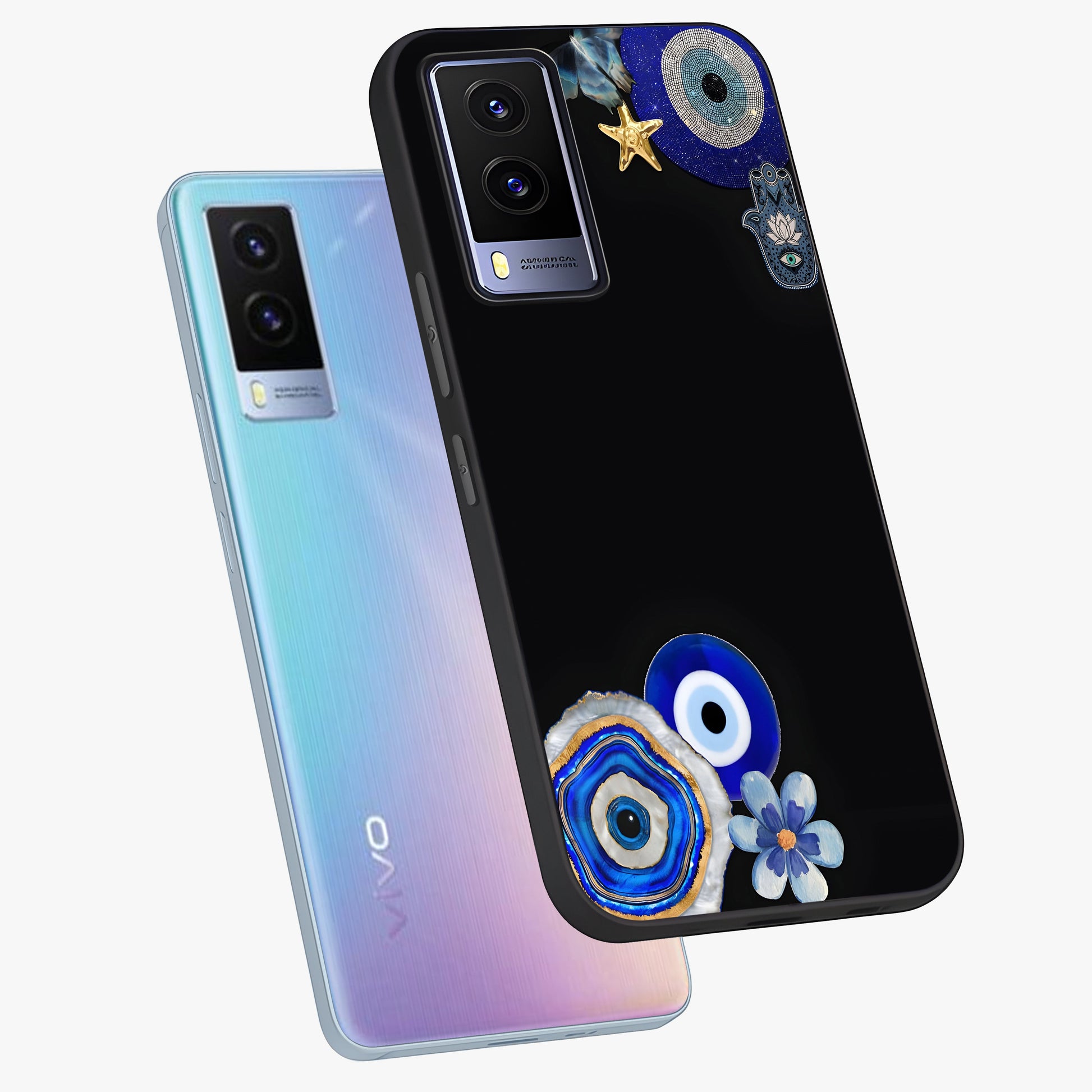Aesthetic Blue Evil Eye Glass Case displayed in angled mockup highlighting blue evil eye symbol and spiritual aesthetic design.