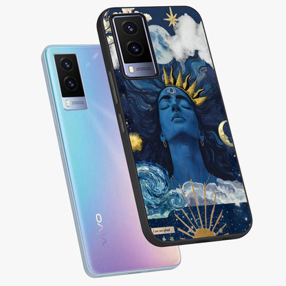 Aesthetic Lord Shiva Glass Case displayed in angled mockup highlighting spiritual Shiva illustration and sacred aesthetic design.