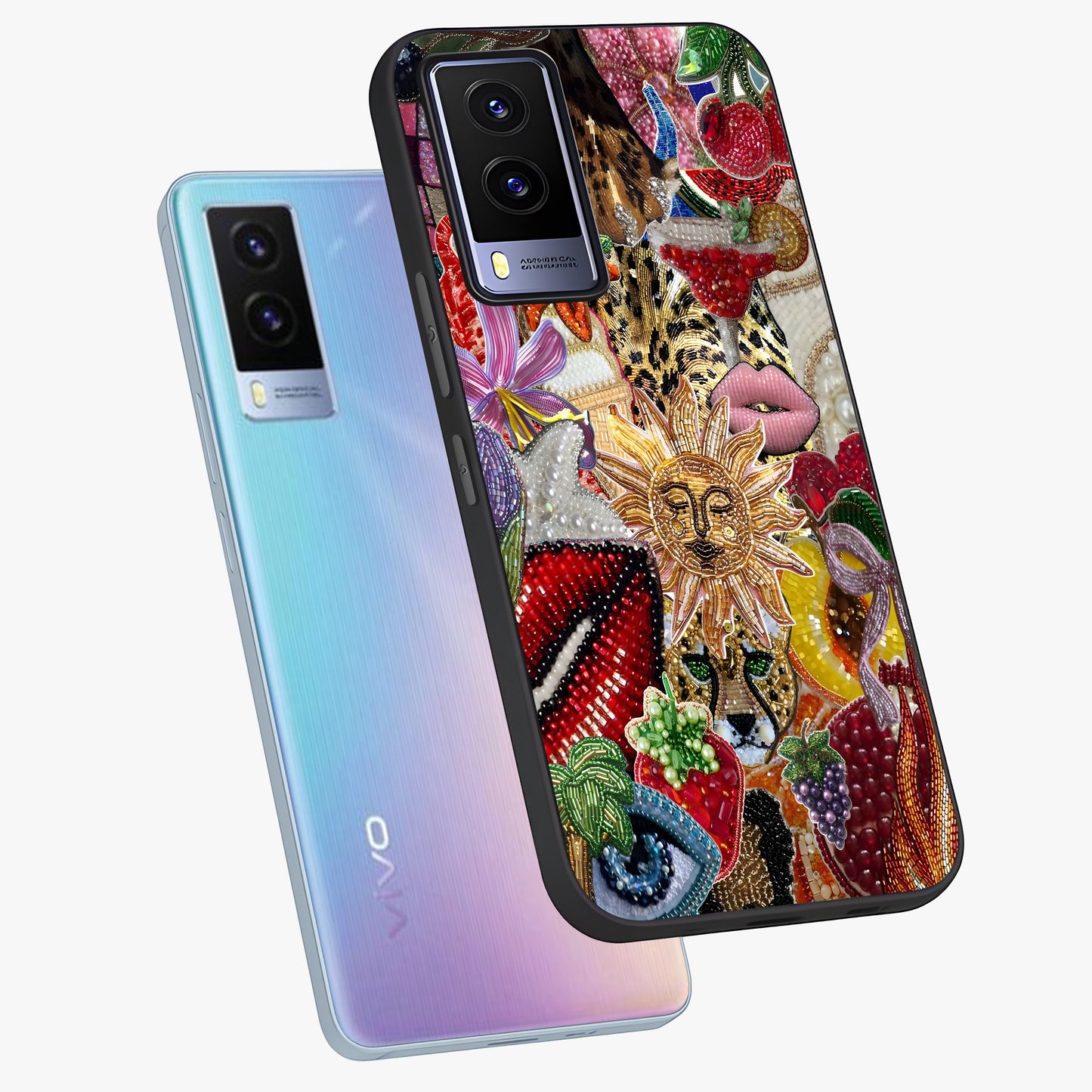 Beaded Fashion Jungle Glass Case displayed in angled mockup highlighting colorful fashion bead design and artistic pattern.