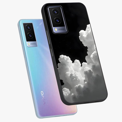 Black Background With White Cloud Glass Case displayed in angled mockup highlighting soft white cloud illustration and minimal design.