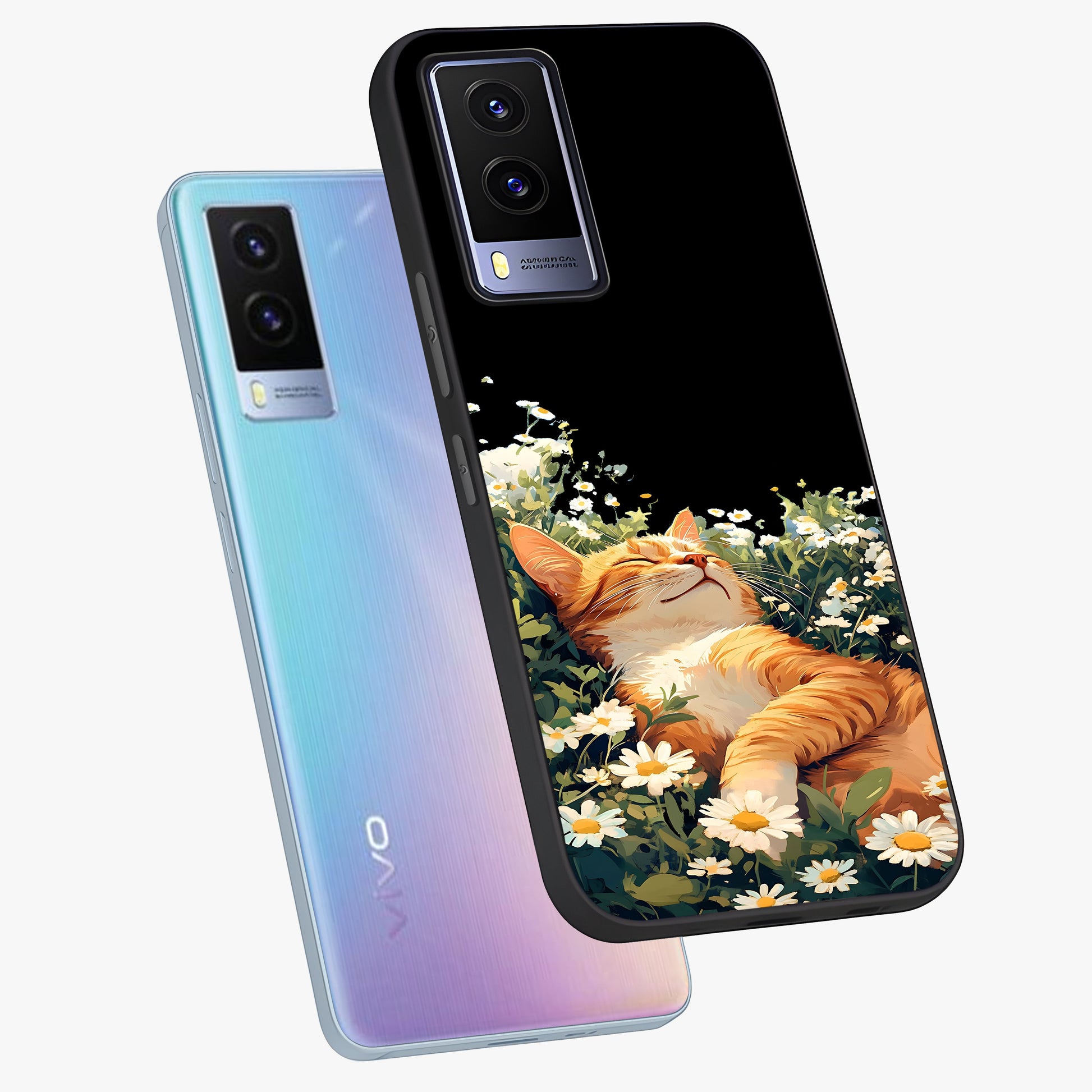 Blissful Bloom Cat Glass Case displayed in angled mockup highlighting playful feline illustration with soft floral aesthetic.
