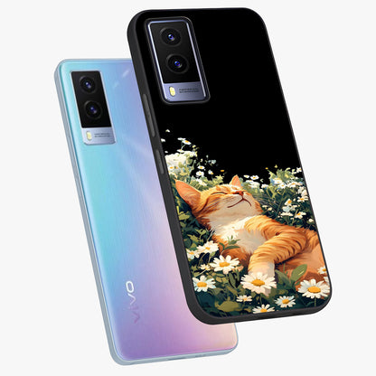 Blissful Bloom Cat Glass Case displayed in angled mockup highlighting playful feline illustration with soft floral aesthetic.