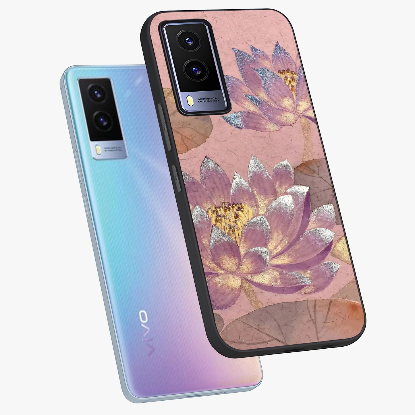 Blossom Mist Lotus Glass Case displayed in angled mockup highlighting delicate lotus illustration with calm aesthetic theme.