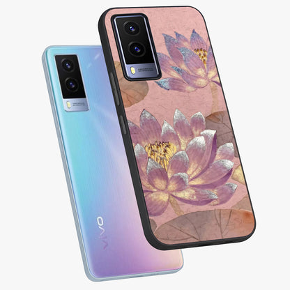 Blossom Mist Lotus Glass Case displayed in angled mockup highlighting delicate lotus illustration with calm aesthetic theme.