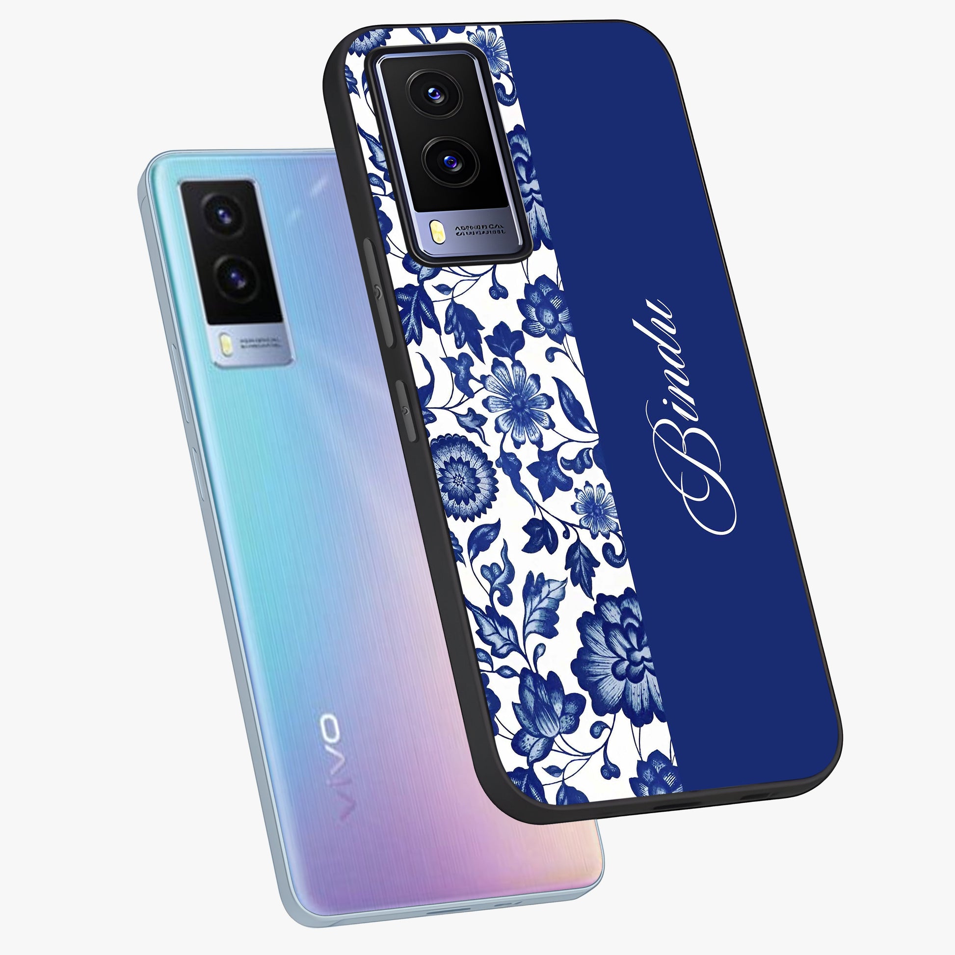Blue Vintage Floral Pattern Glass Case displayed in angled mockup highlighting subtle bloom pattern with aesthetic pastel design.