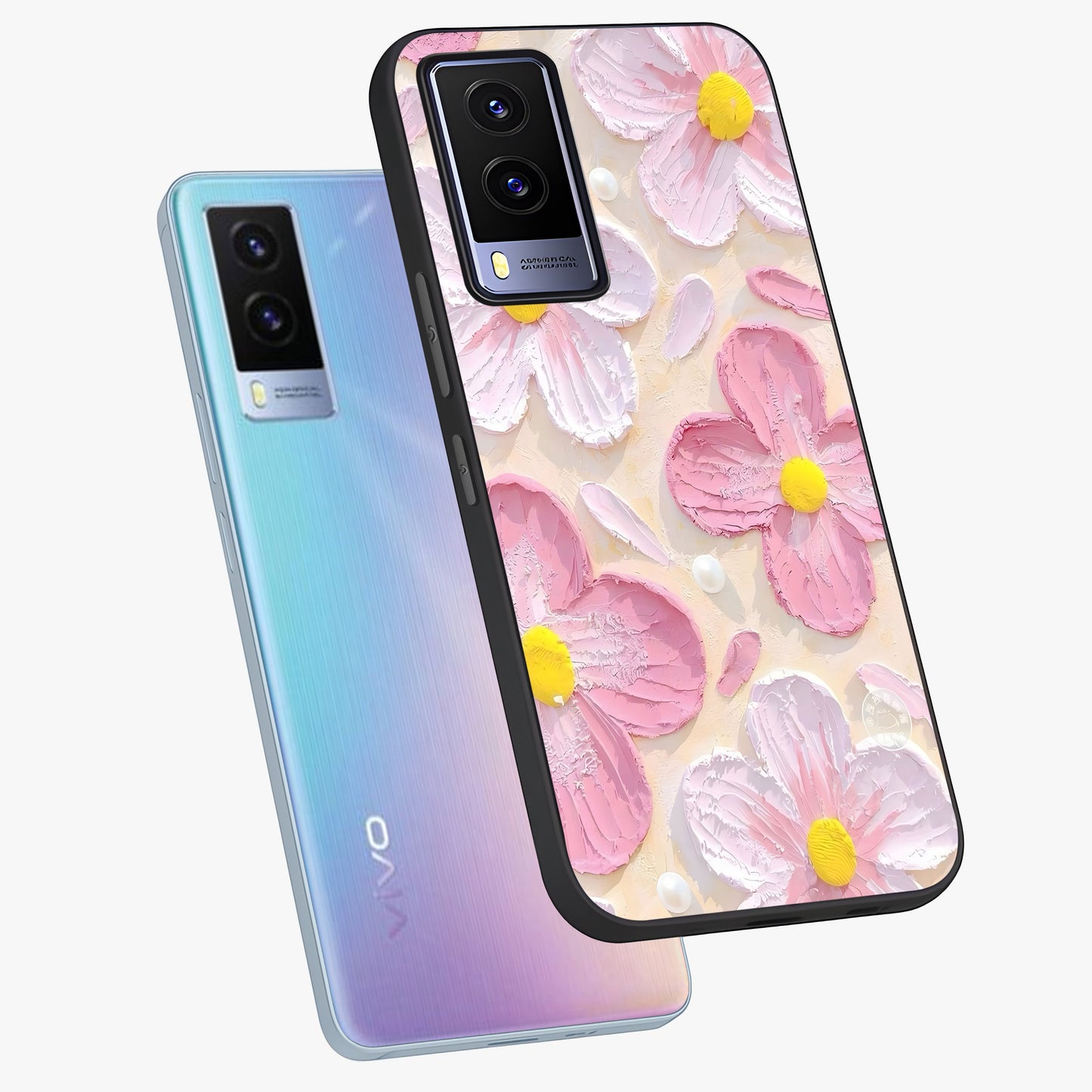 Blush Bloom Texture Glass Case displayed in angled mockup highlighting subtle bloom pattern with aesthetic pastel design.