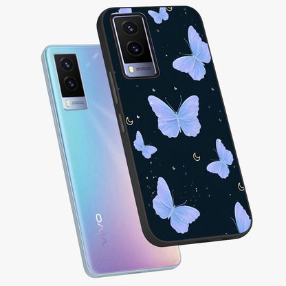 Butterfly With Stars Pattern Glass Case displayed in angled mockup highlighting dreamy butterfly and star design with aesthetic theme.