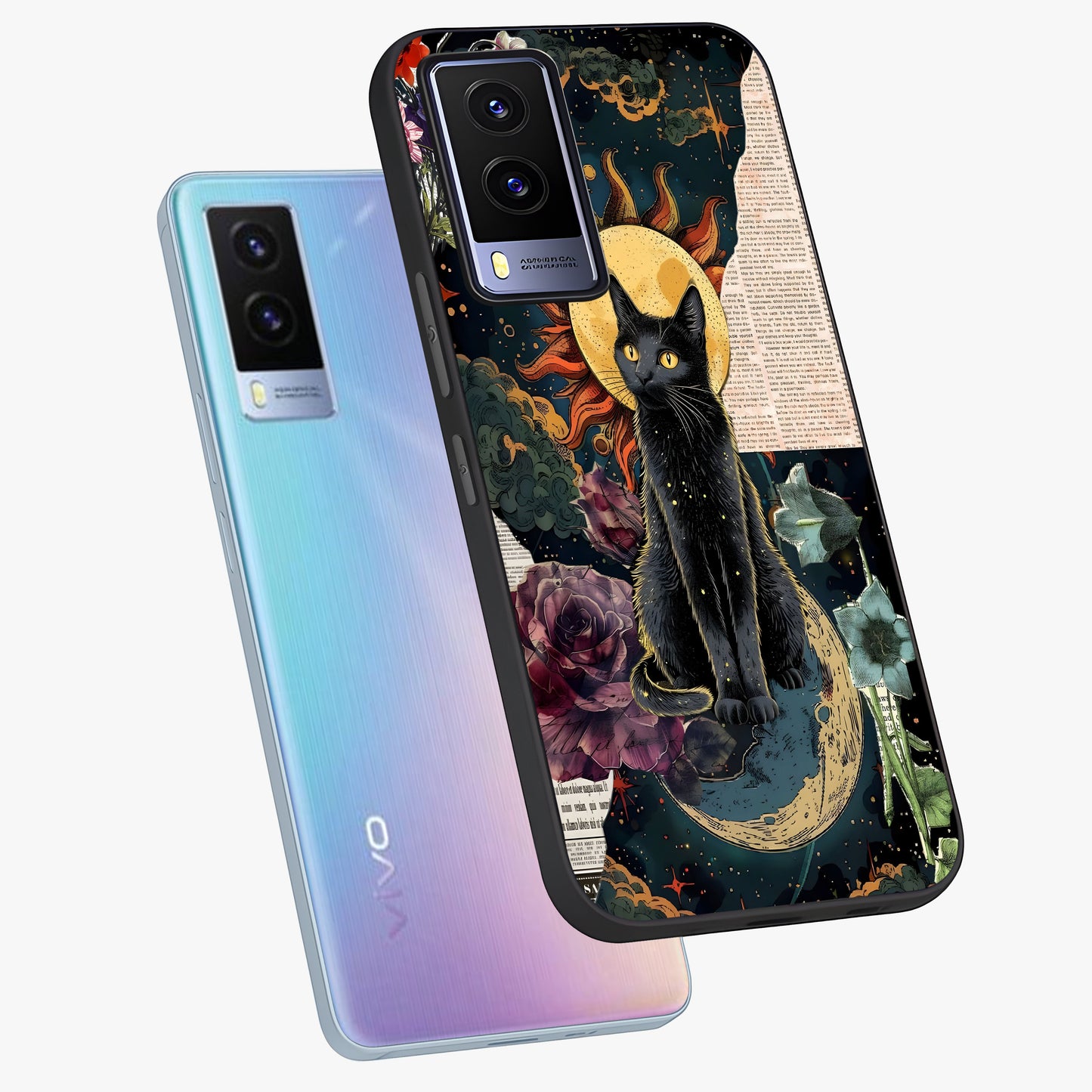 Celestial Black Cat Glass Case displayed in angled mockup highlighting cosmic black cat design with celestial aesthetic.