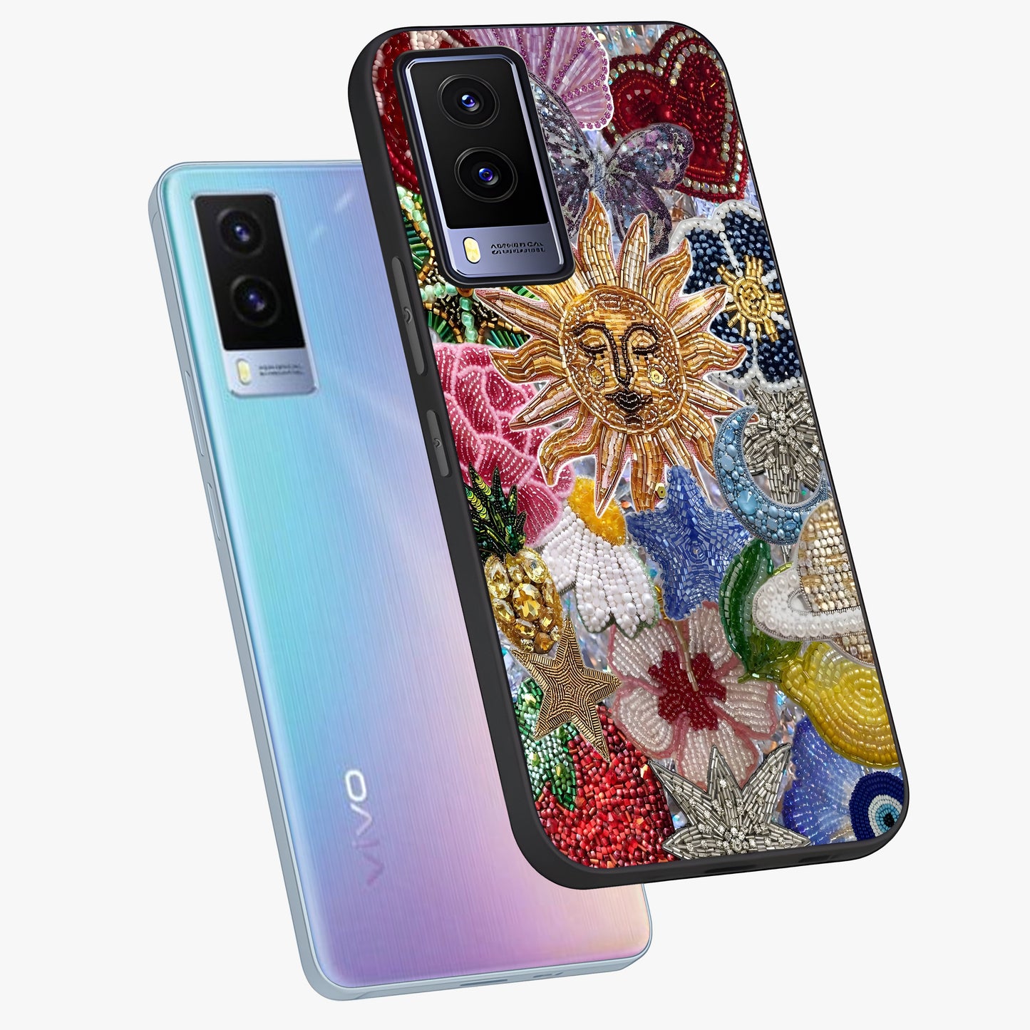 Celestial Floral and Playful Glass Case displayed in angled mockup highlighting playful floral design with dreamy celestial elements.