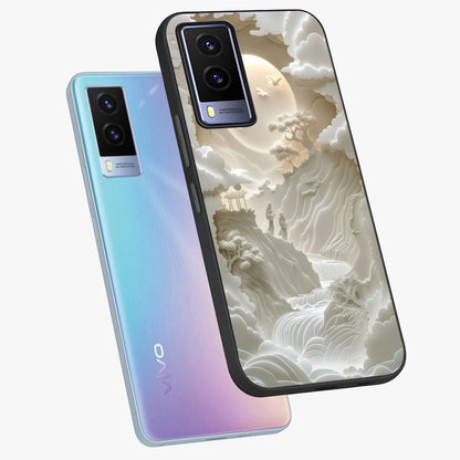 Celestial Origami Glass Case displayed in angled mockup highlighting geometric origami design with cosmic aesthetic theme.