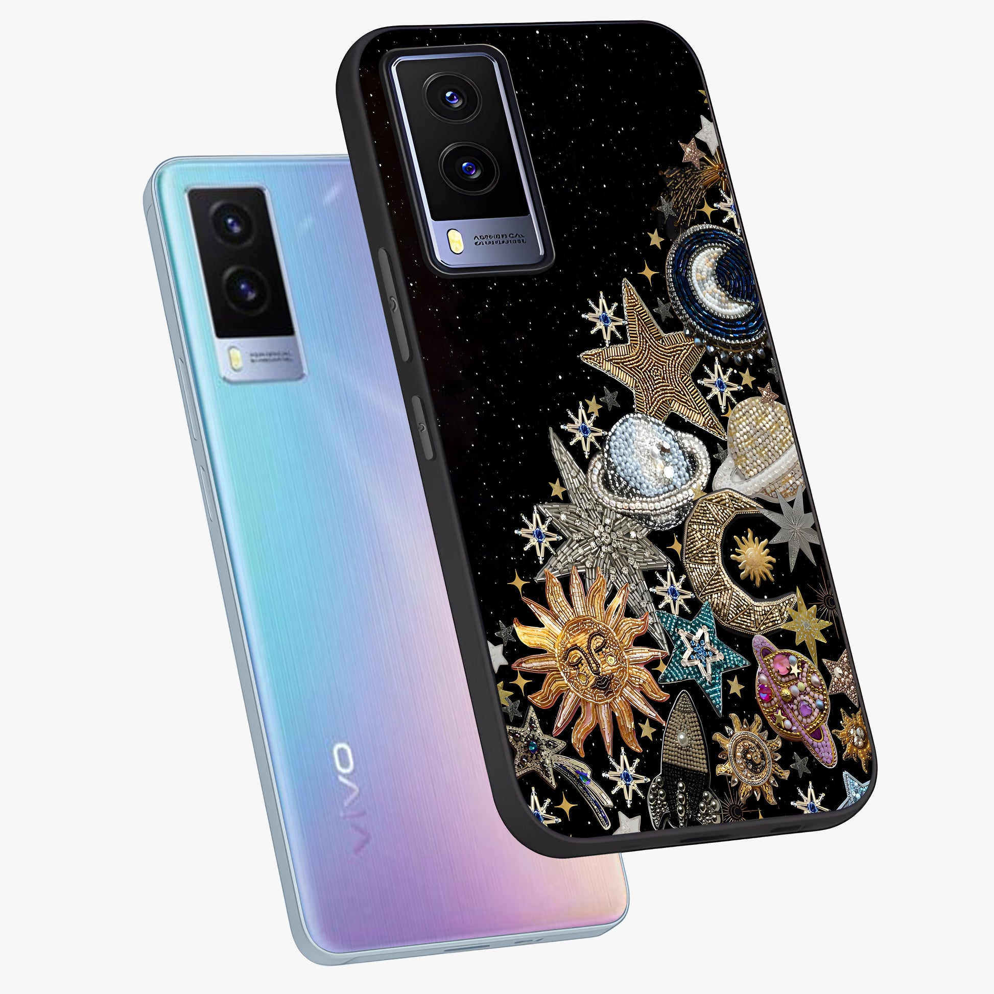 Cosmic Sparkle Dreams Glass Case displayed in angled mockup highlighting dreamy star sparkle design with celestial aesthetic.