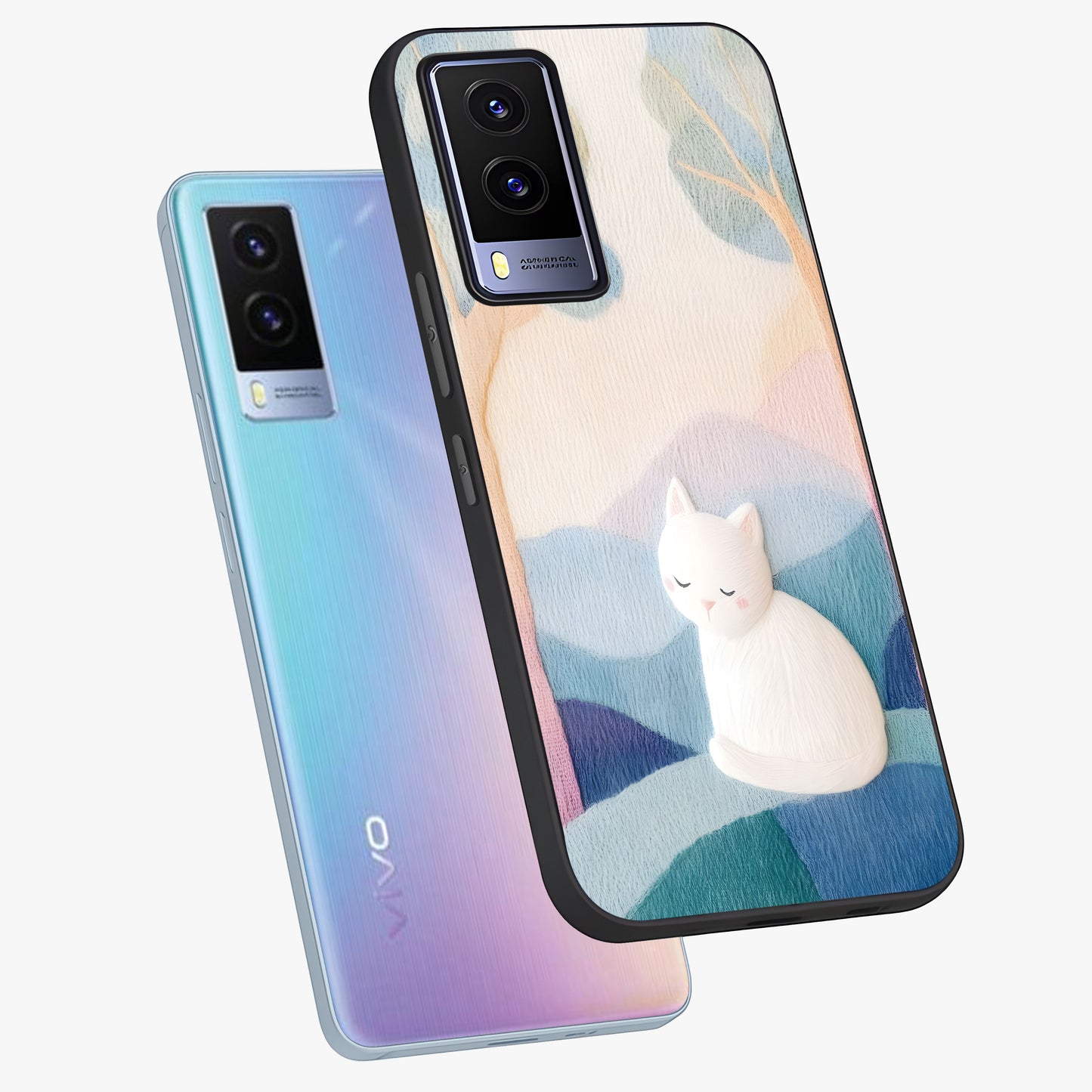 Cotton Dream Cat Glass Case displayed in angled mockup highlighting cute feline illustration with pastel aesthetic style.
