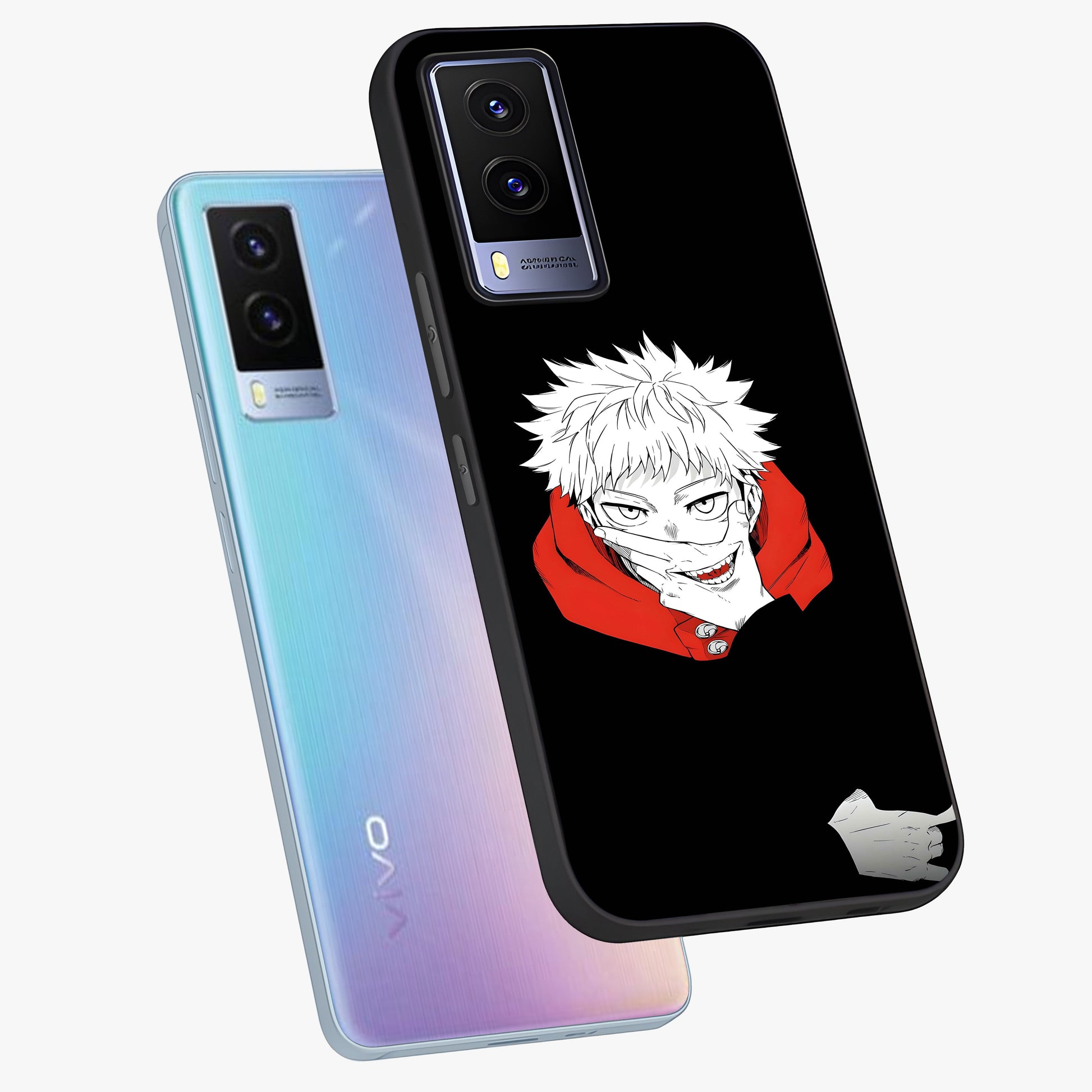 Crimson Chaos Smile Glass Case displayed in angled mockup highlighting edgy crimson smile design with graphic aesthetic.
