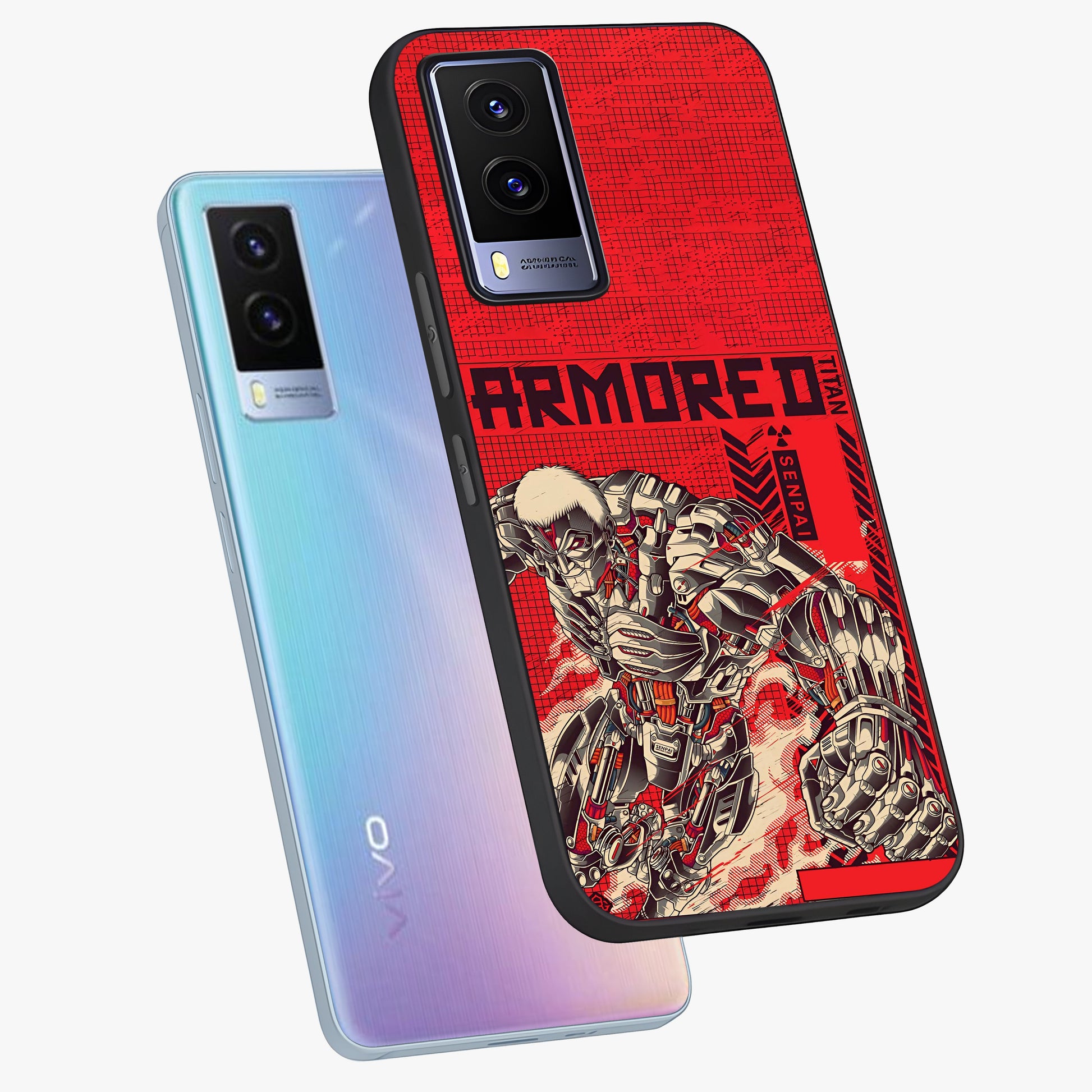 Crimson Mecha Titan Glass Case displayed in angled mockup highlighting futuristic mech illustration with bold crimson aesthetic.