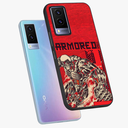 Crimson Mecha Titan Glass Case displayed in angled mockup highlighting futuristic mech illustration with bold crimson aesthetic.