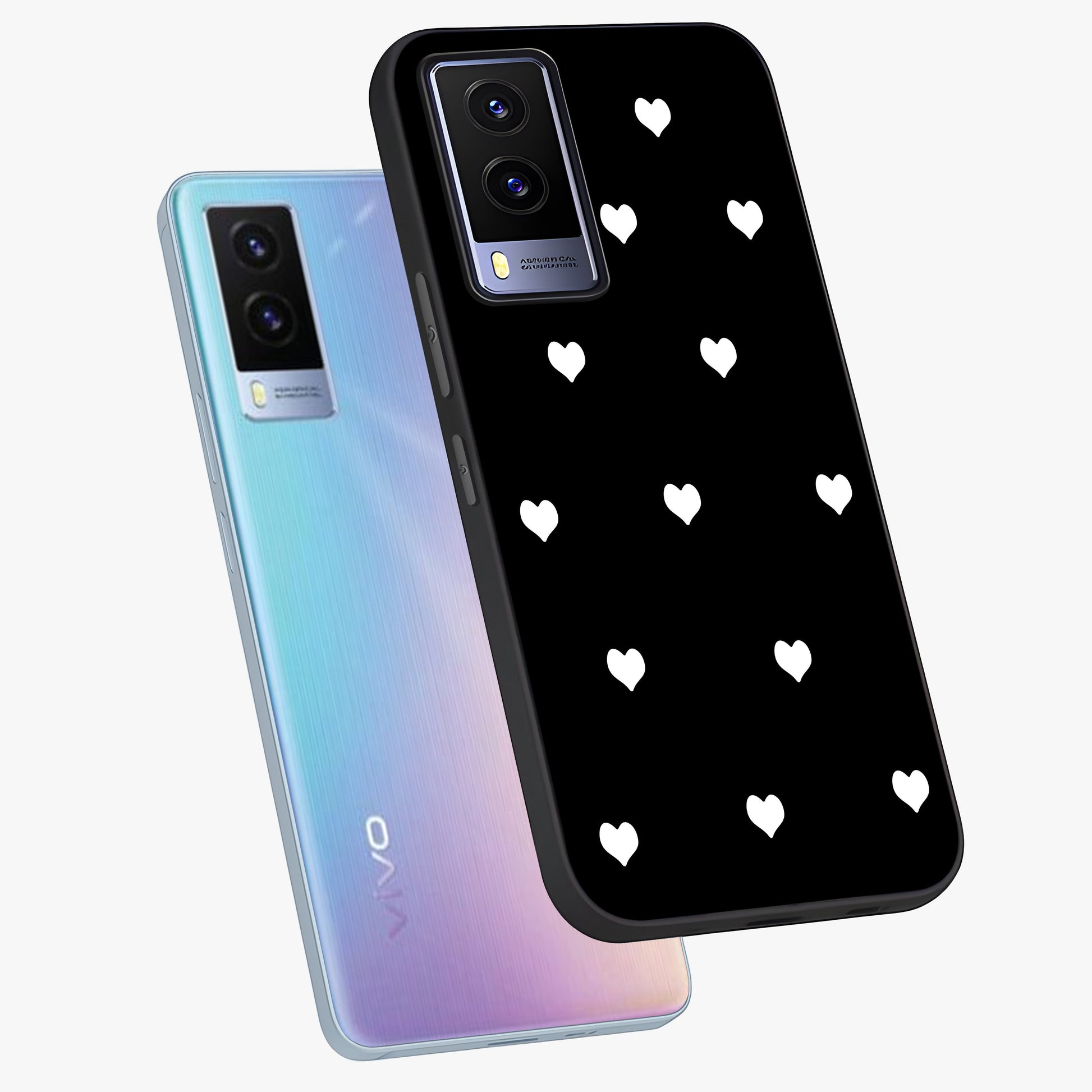 Cute And Simple White Hearts Glass Case displayed in angled mockup highlighting cute heart design with clean aesthetic style.