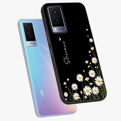 Daisy Cascade Custom Name Glass Case displayed in angled mockup highlighting delicate daisy artwork with custom name feature.
