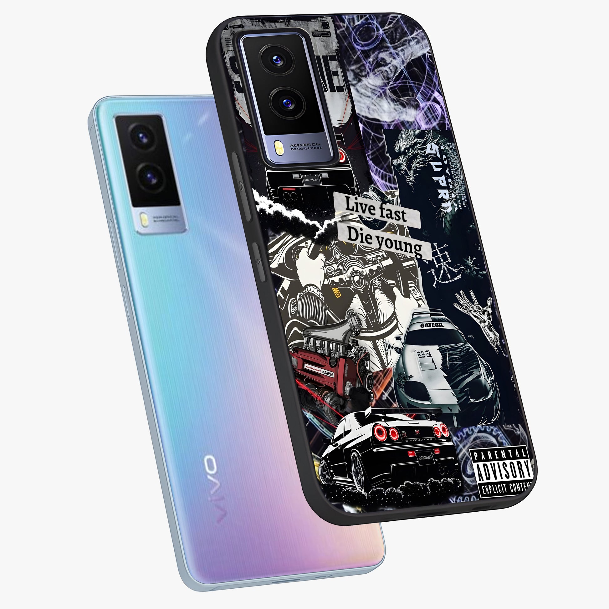 Die Young Glass Case displayed in angled mockup highlighting expressive graphic artwork with edgy aesthetic style.