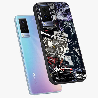 Die Young Glass Case displayed in angled mockup highlighting expressive graphic artwork with edgy aesthetic style.
