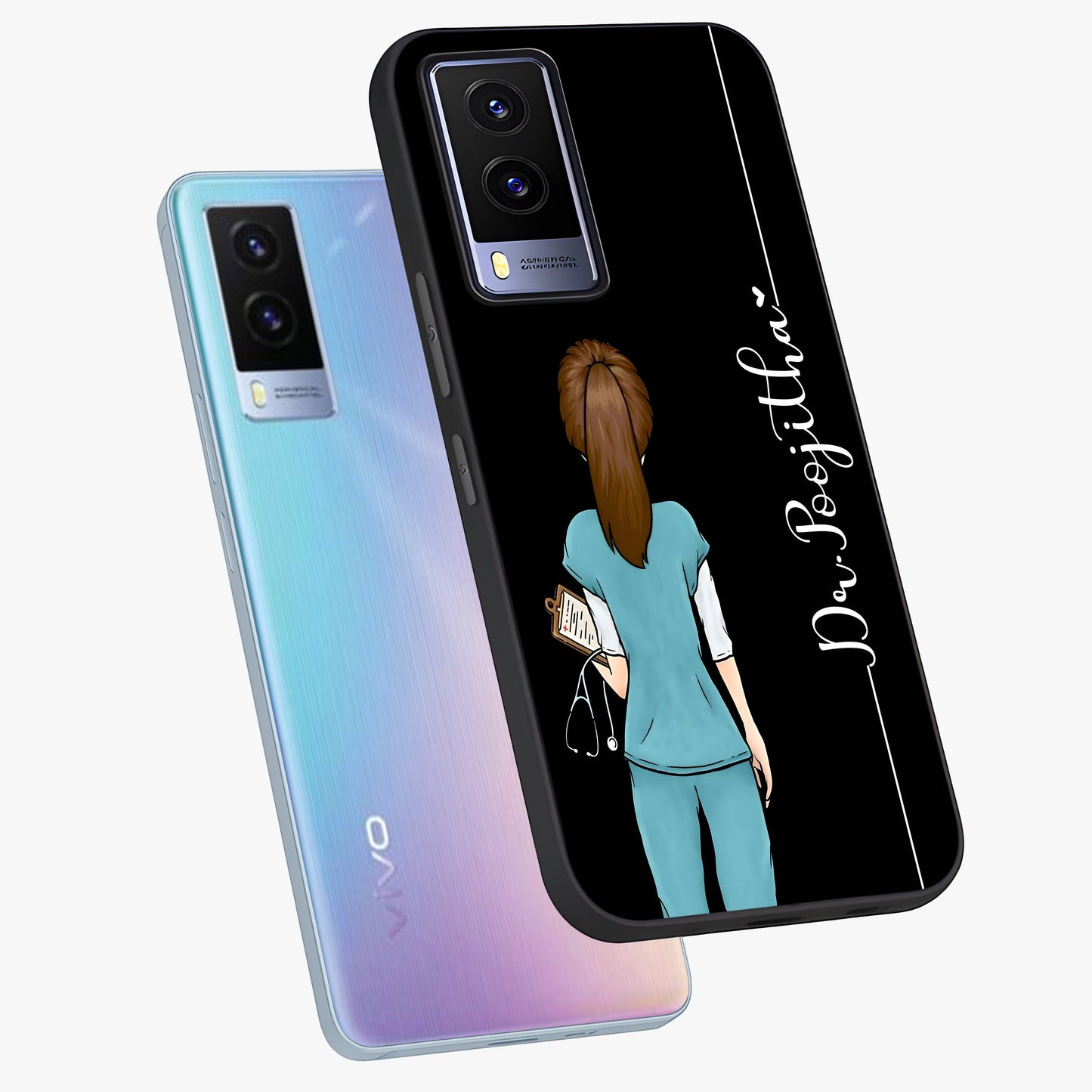 Doctor Pattern Custom Name Glass Case displayed in angled mockup highlighting doctor inspired artwork with custom name feature.