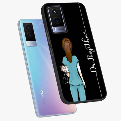 Doctor Pattern Custom Name Glass Case displayed in angled mockup highlighting doctor inspired artwork with custom name feature.