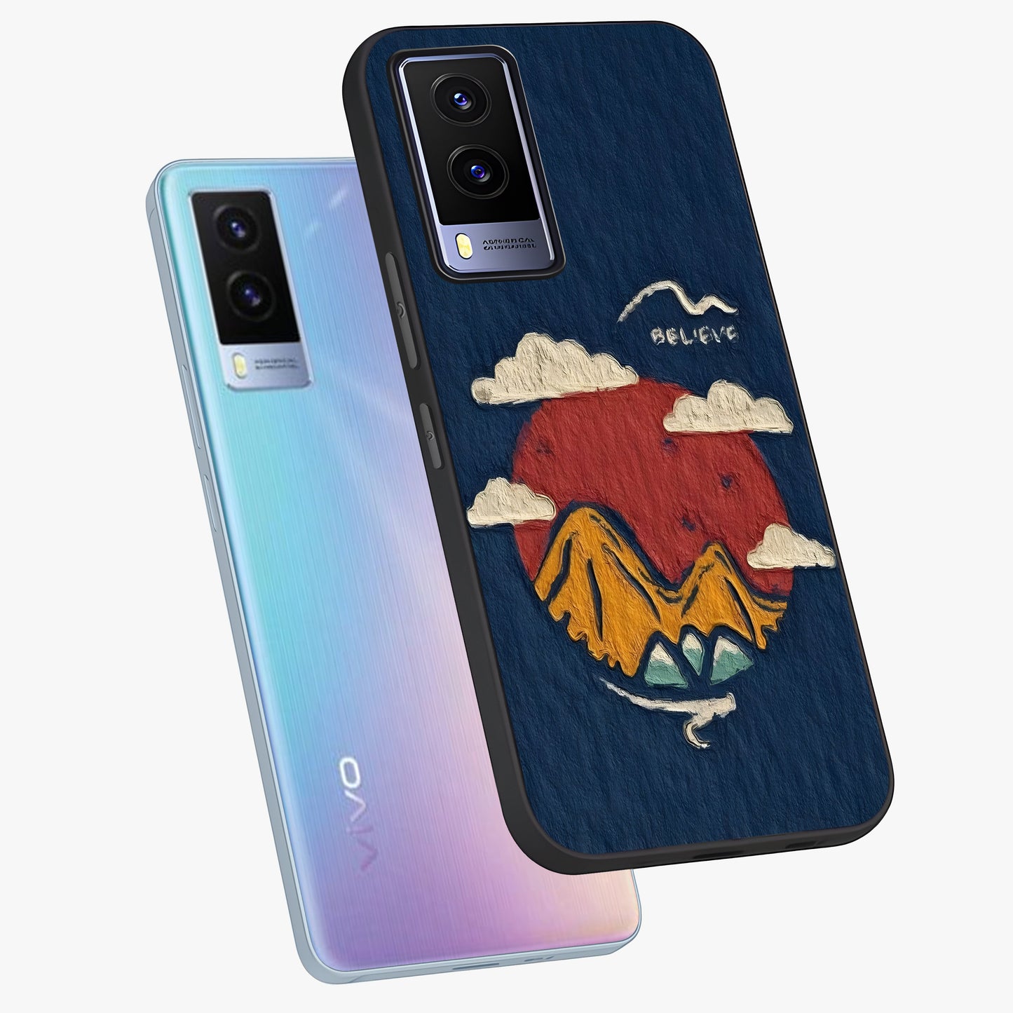 Dream Beyond Mountains Glass Case displayed in angled mockup highlighting dreamy mountain illustration with peaceful aesthetic.