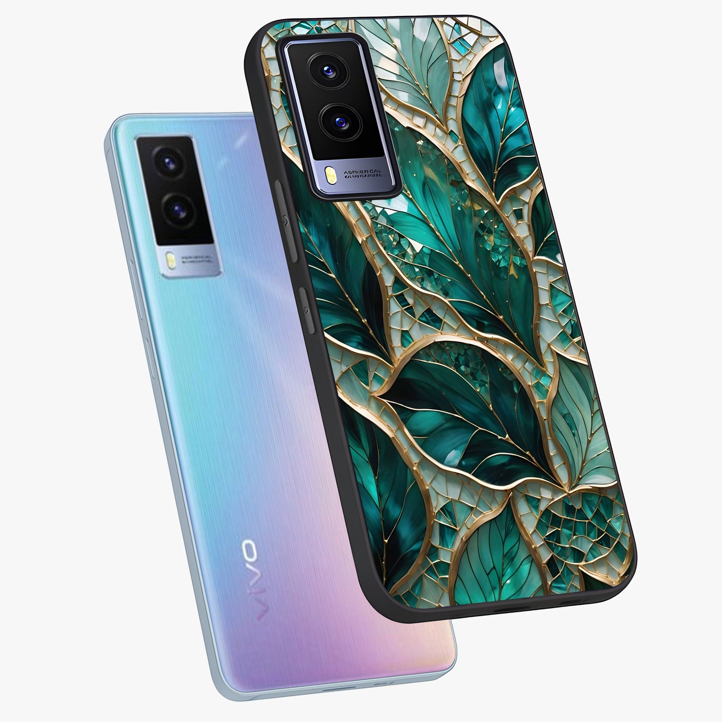 Emerald Leaf Glass Glass Case displayed in angled mockup highlighting botanical leaf illustration with elegant natural aesthetic.