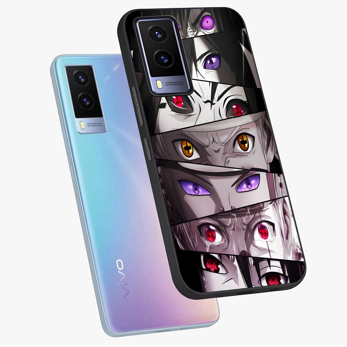 Eyes of Destiny Glass Case displayed in angled mockup highlighting bold eye illustration with mystical aesthetic style.