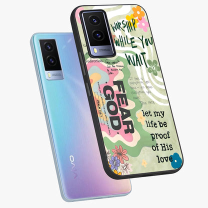 Faith Over Fear Glass Case displayed in angled mockup highlighting inspirational message design with modern aesthetic style.