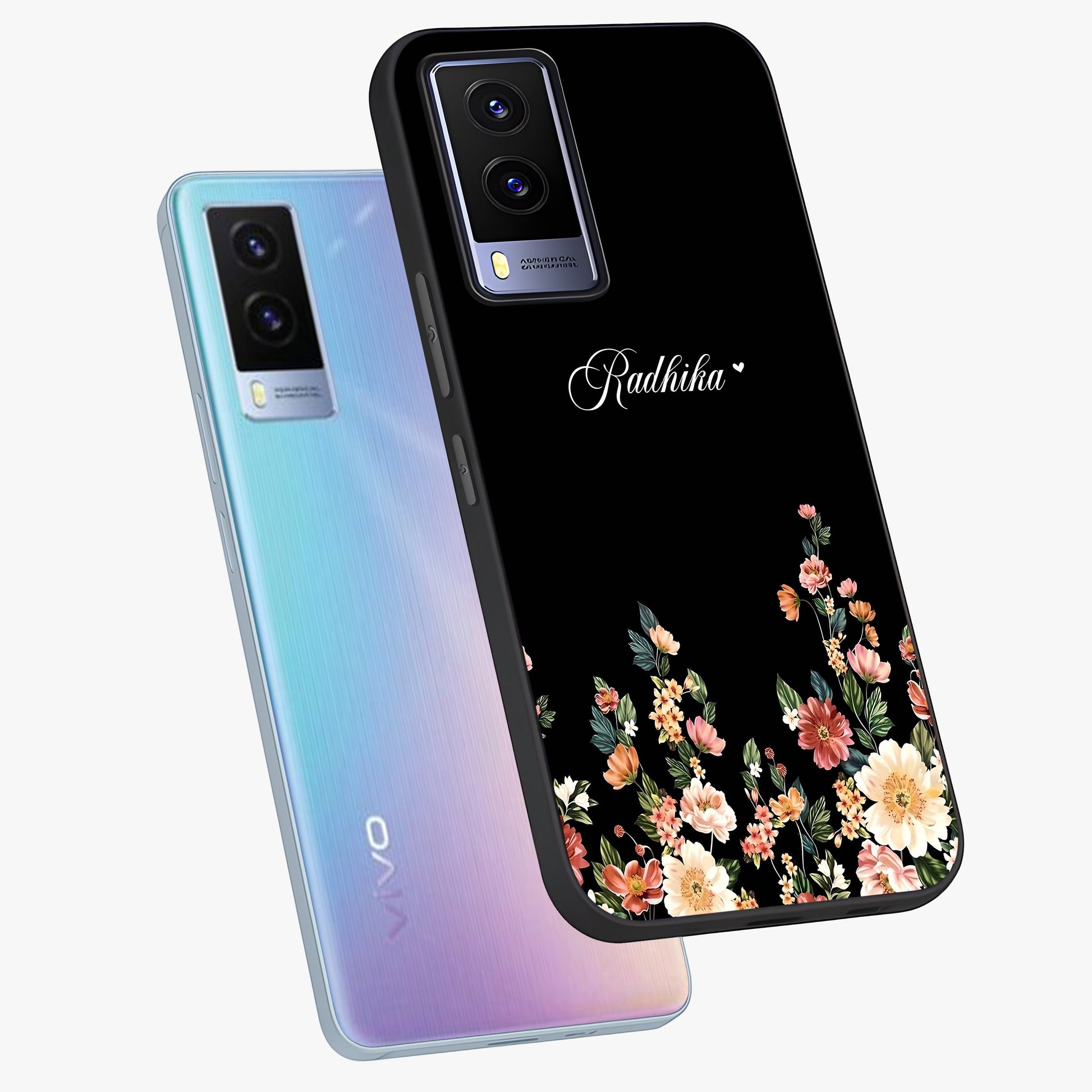 Floral Design With a Custom Personalized Name Glass Case displayed in angled mockup highlighting elegant floral pattern with custom name feature.