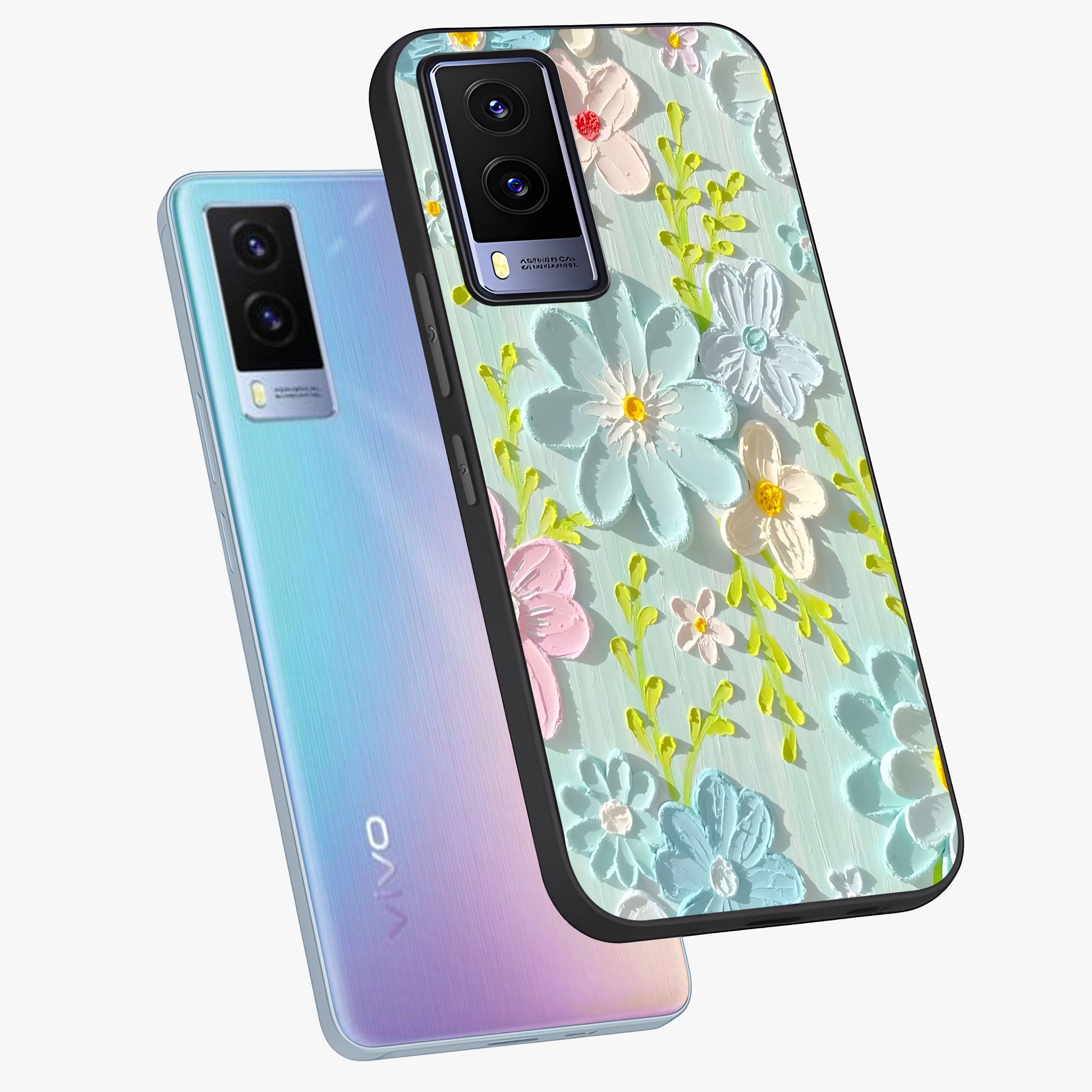 Frosted Petal Garden Glass Case displayed in angled mockup highlighting delicate flower petal design with calm garden aesthetic.