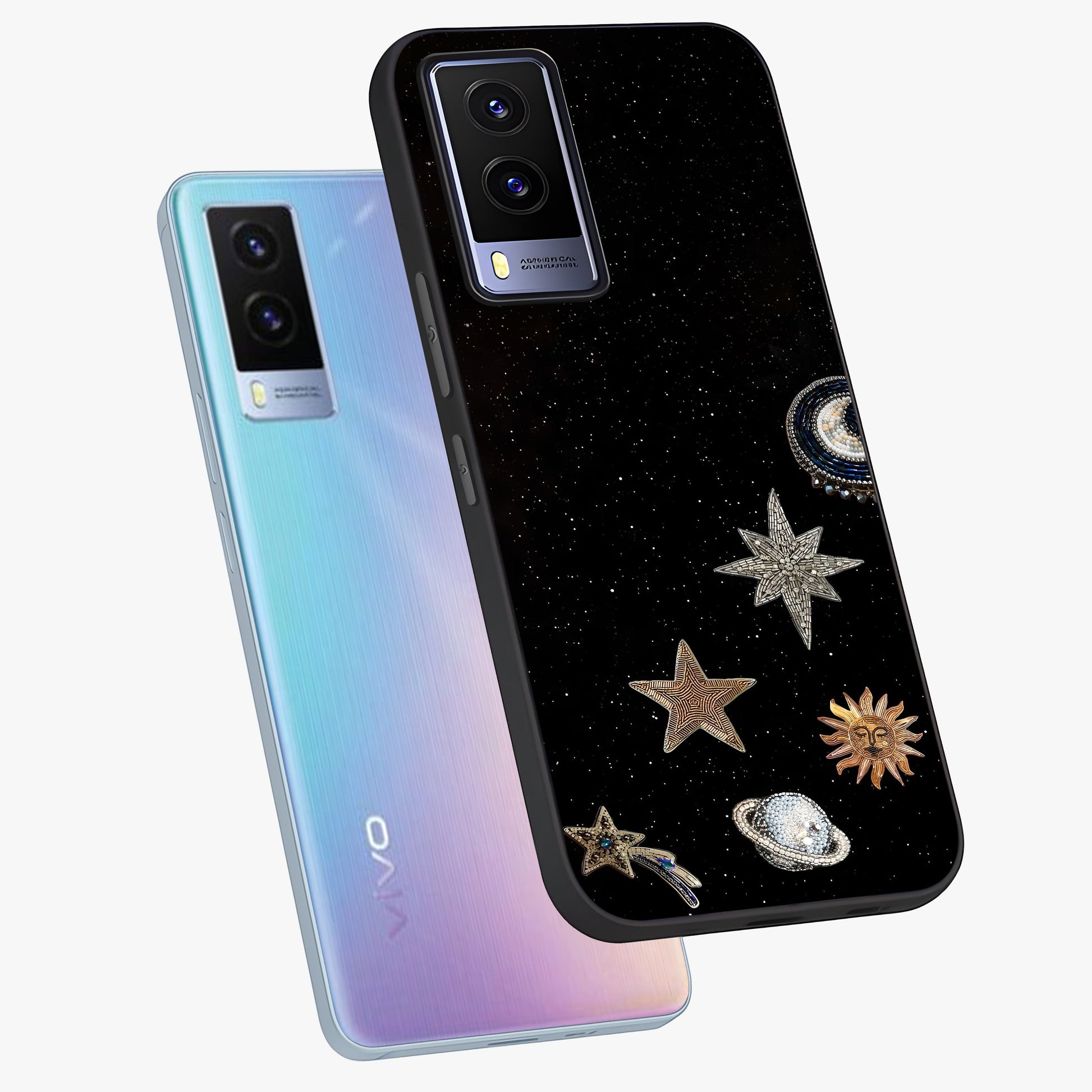 Galactic Charm Glow Glass Case displayed in angled mockup highlighting luminous galaxy inspired design with dreamy aesthetic.