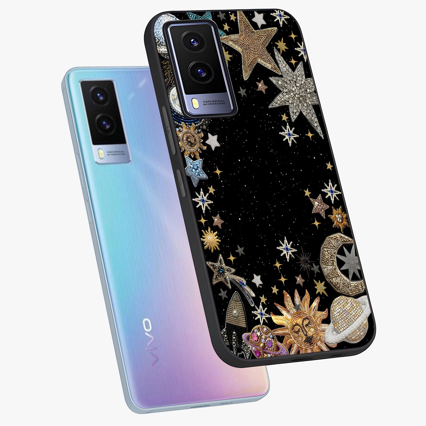 Galactic Jewel Stars Glass Case displayed in angled mockup highlighting shining celestial star design with cosmic aesthetic style.