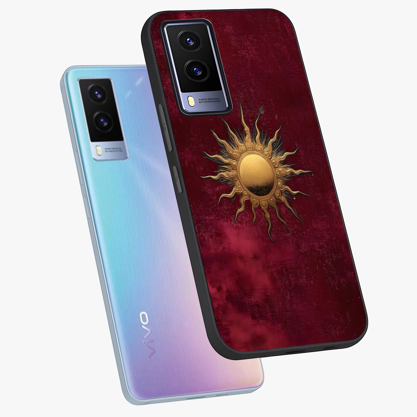 Golden Sun Minimalism Glass Case displayed in angled mockup highlighting clean sun symbol design with modern minimal aesthetic.