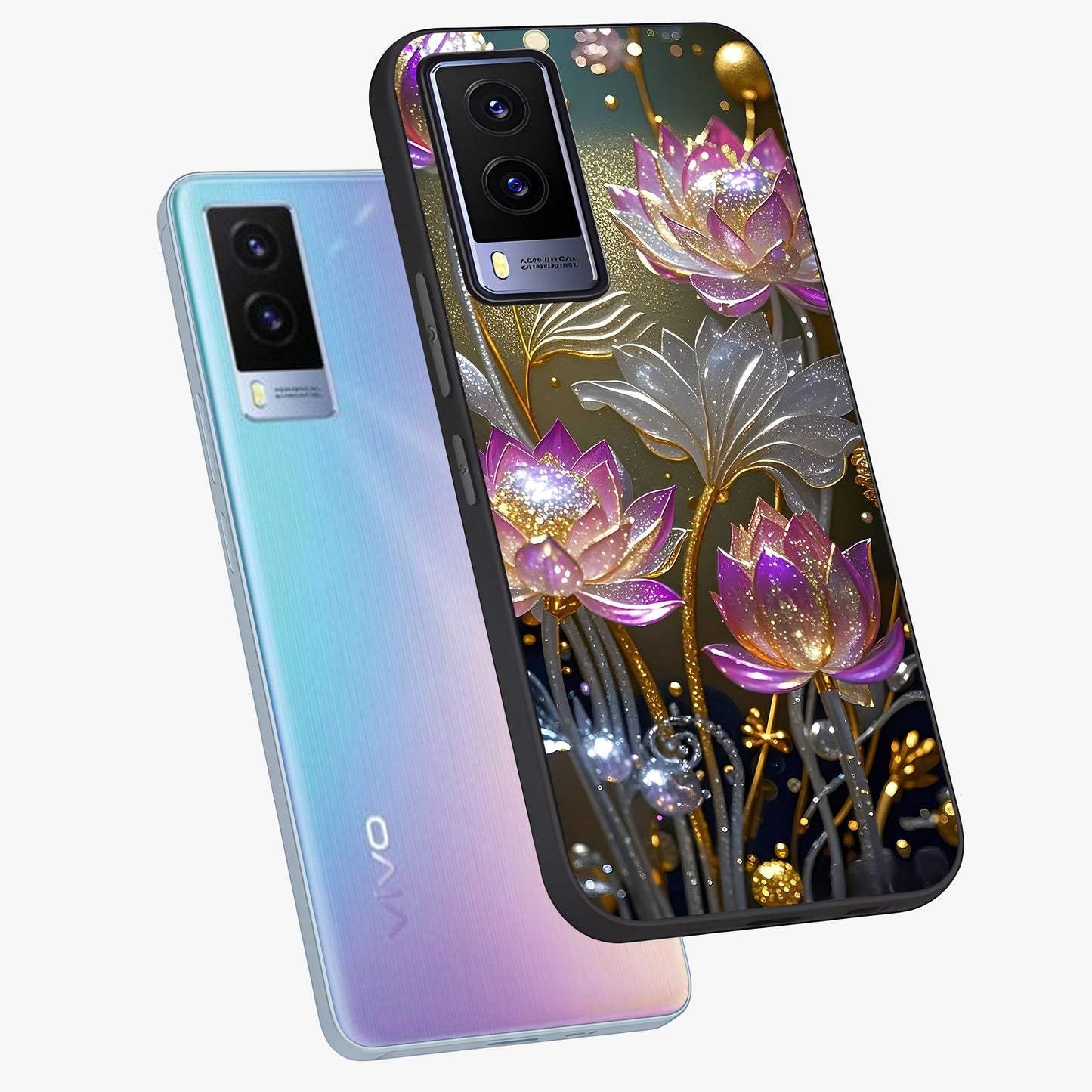 Golden Floral Majesty Glass Case displayed in angled mockup highlighting elegant flower design with royal golden aesthetic.