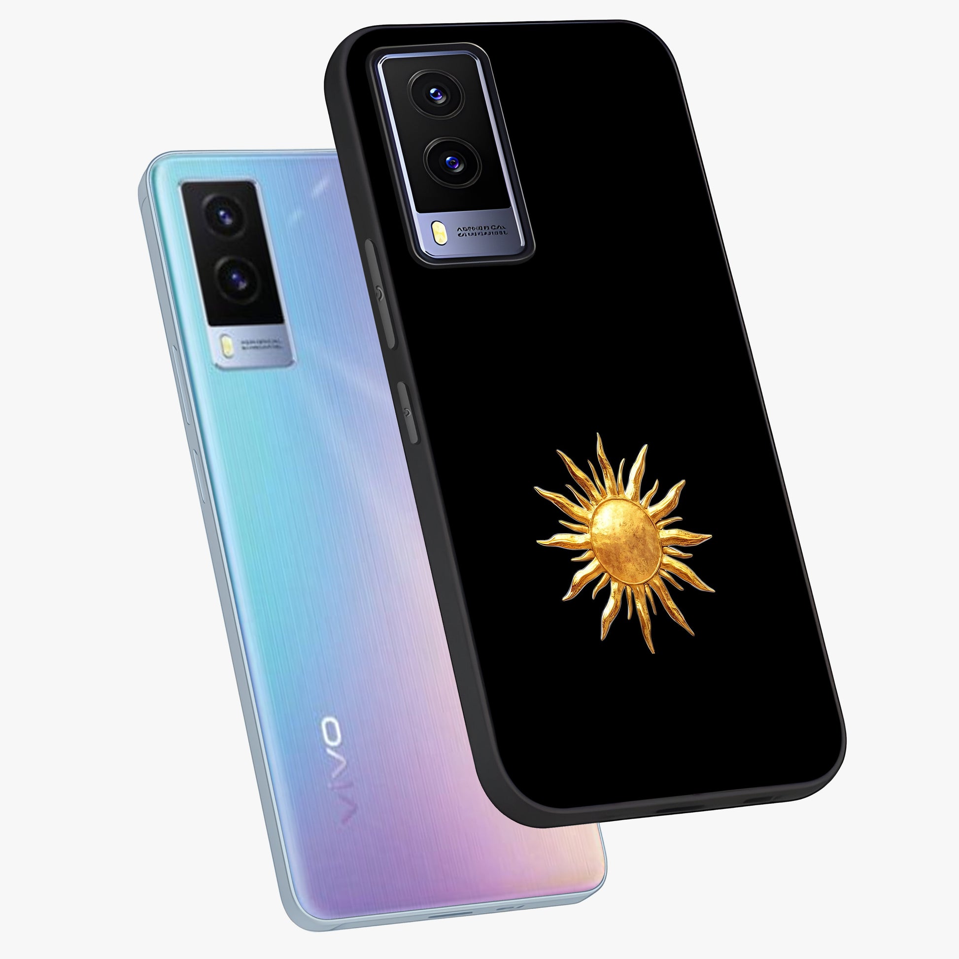 Golden Sun Minimalism Glass Case displayed in angled mockup highlighting eerie shadow illustration with gothic aesthetic.