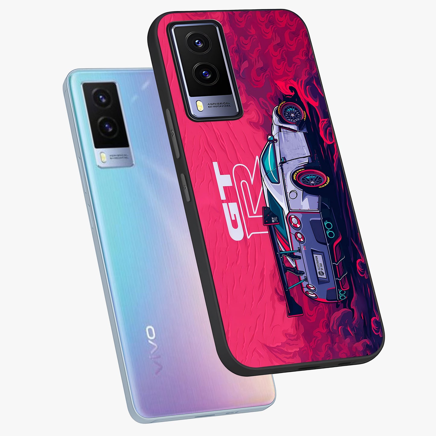 GT-R Car Pattern Glass Case displayed in angled mockup highlighting racing car graphic design with bold automotive aesthetic.