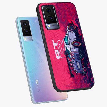 GT-R Car Pattern Glass Case displayed in angled mockup highlighting racing car graphic design with bold automotive aesthetic.