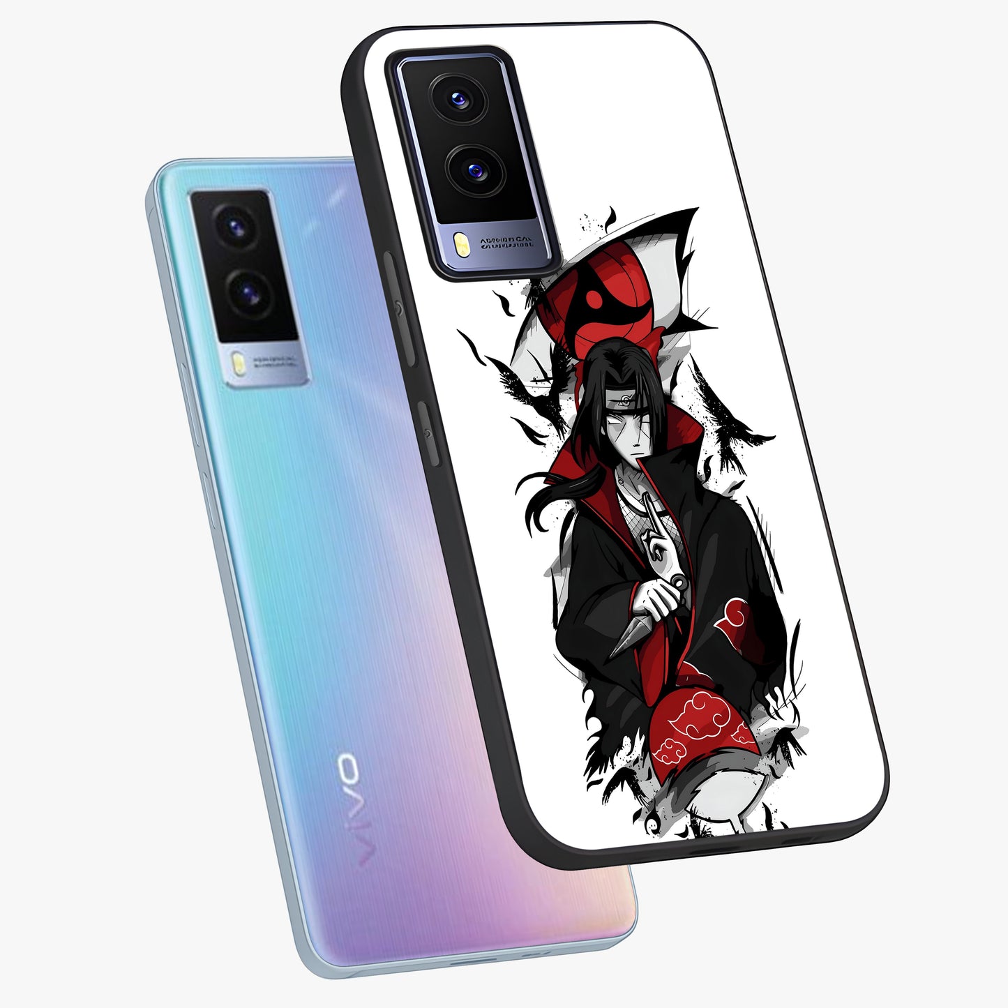 Itachi Limited Edition Naruto Anime Glass Case displayed in angled mockup highlighting dramatic anime illustration with bold action aesthetic.