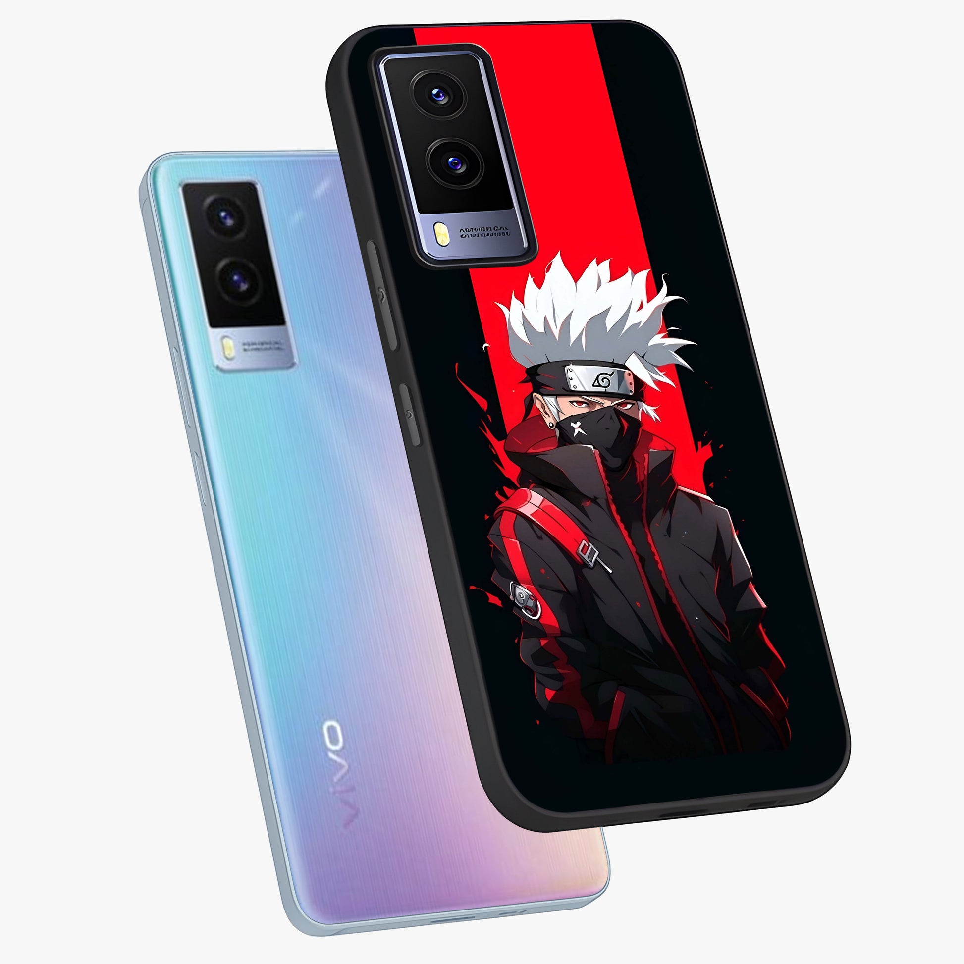Kakashi Scarlet Shadow Glass Case displayed in angled mockup highlighting dramatic ninja illustration with scarlet themed aesthetic.
