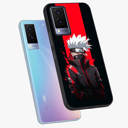 Kakashi Scarlet Shadow Glass Case displayed in angled mockup highlighting dramatic ninja illustration with scarlet themed aesthetic.