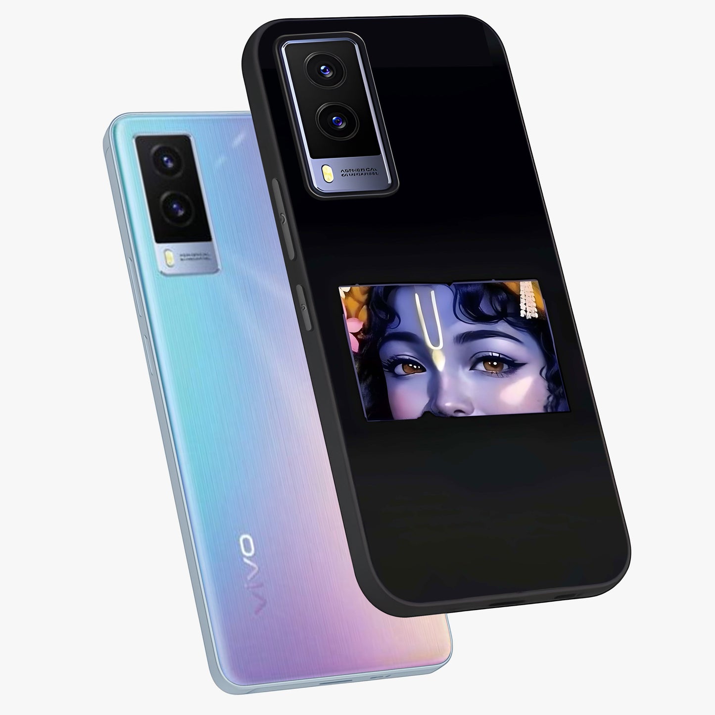 Krishna Divine Embrace Glass Case displayed in angled mockup highlighting divine Krishna illustration with spiritual aesthetic.